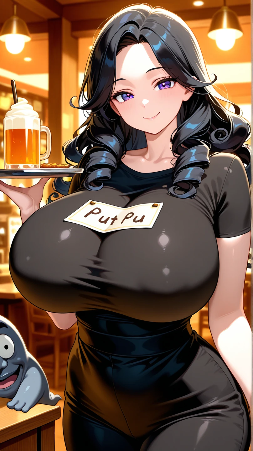 masterpiece, detailed, realistic, young korean woman, bar staff, skinny, (gigantic breasts:1.8), (bursting breasts:1.6), pleased expression, open smile, leaning forwards, (strap top:1.2), (holding dollar bills), crowded bar, (underboob:1.2), nipples