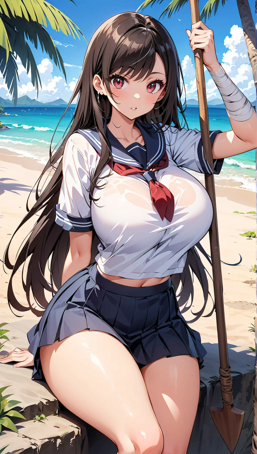 Highest quality,masterpiece, best resolution, nsfw, 1 girl, sailor uniform, topless, huge breasts,pink nipple, belly button,outdoor, blush, standing, horse ears, horse tail