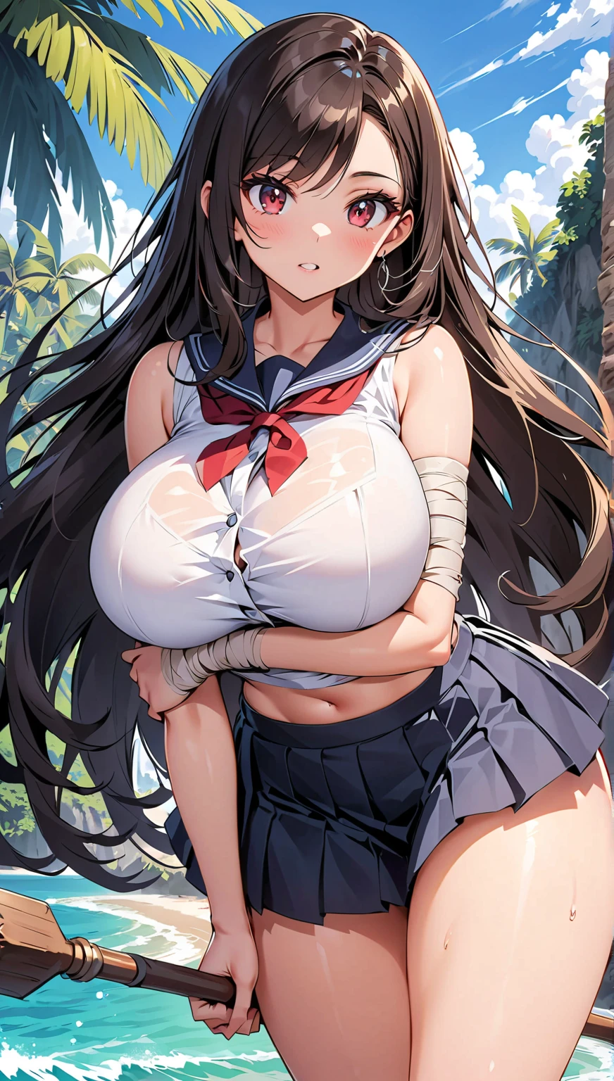 1girll，Huge breasts，， 独奏， hair adornments， She's wet， Erotic white transparent nurse uniform，Take aphrodisiacs，Lewd expression， exteriors， Skysky， brunette color hair，She wears a nurse's hat and has long flowing hair， exposed bare shoulders， standing on your feet，grass field，aerodrome，Bigchest， wetclothes， From the front side， curlies， mostly cloudy sky， Wet hair （（（tmasterpiece），（Very detailed CG unity 8K wallpaper），best qualtiy，，独奏，1girll，cinmatic lighting，detailed back ground，beatiful detailed eyes，Bright pupils，（Very fine and beautiful），（Beautiful and detailed eye description），ultra - detailed，tmasterpiece，）），facing at camera，Leakage out of the breast，Expose the lower body，nakeness，leering，Protruding underparts，Camel toes，cleavage，absurderes，A high resolution，ultra - detailed），she is soaking wet，1girll，独奏，mature，（Very long hair，brunette color hair），，比基尼，cleavage，nakeness，Obscenity，legs are open，Emotive expressions，Open-mouthed，Pussy bulge，with no underpants，Expose the genitals，Camel toes，Protruding ，extremely large bosom，Raised sexy，Colorful，Most detailed，exteriors，fully body photo
