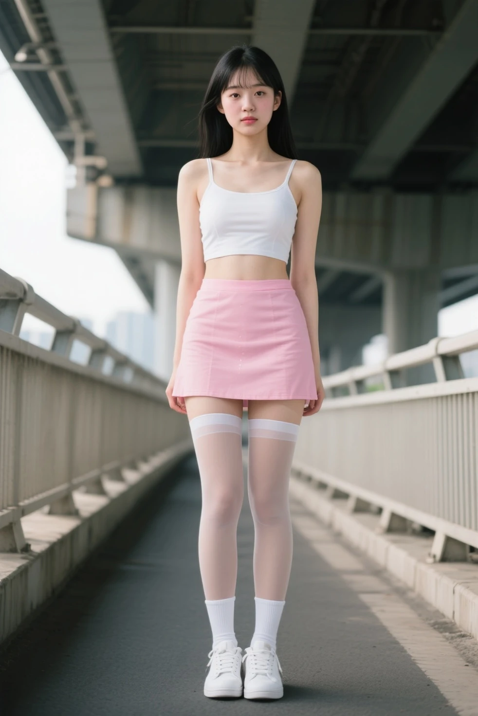 a beautiful Korean mother with long, messy white hair, wearing a white t-shirt and pink cloth miniskirt, visible thighs wearing black stockings, and red boots. flying in the atmosphere happily. Playground background.
