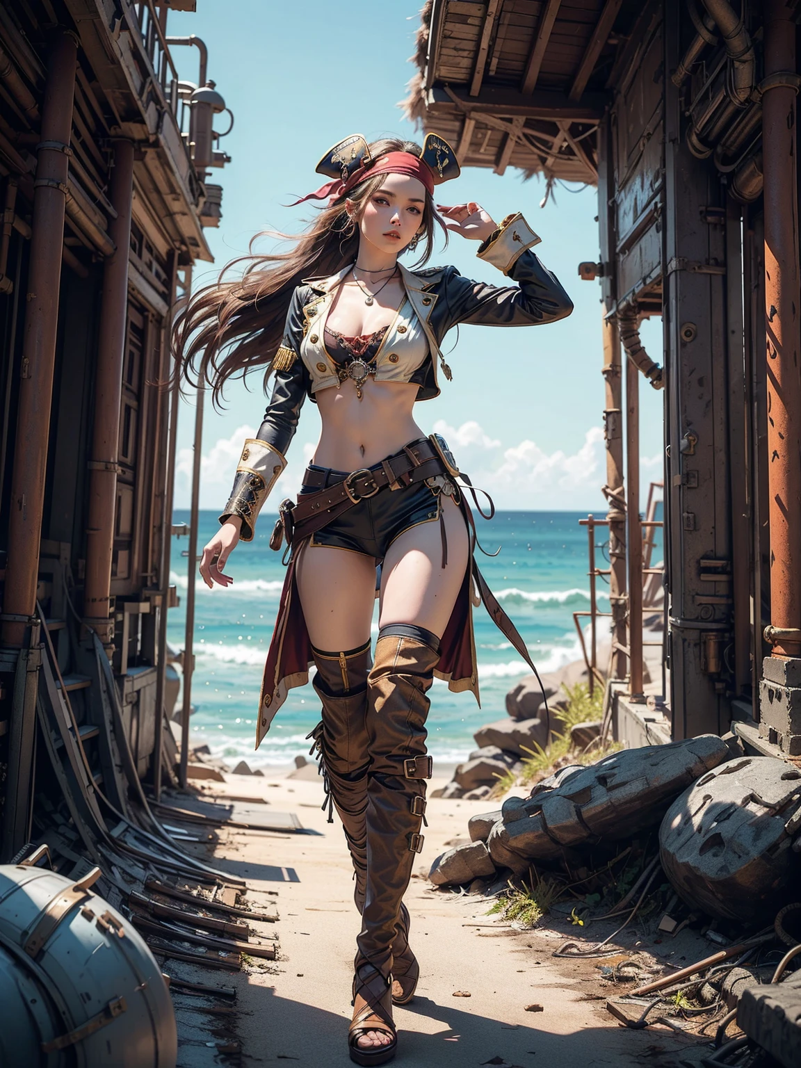 (masterpiece, highres) <lora:add_detail:0.5>, <lora:epi_noiseoffset2:1>, <lora:PhilippaW:0.8>
PhilippaW, 1girl, solo, long hair, breasts, looking at viewer, shirt, black hair, hair ornament, long sleeves, jewelry, medium breasts, standing, full body, braid, boots, outdoors, sky, glasses, day, pants, nail polish, twin braids, lips, sunglasses, own hands together, corset, realistic, leather boots