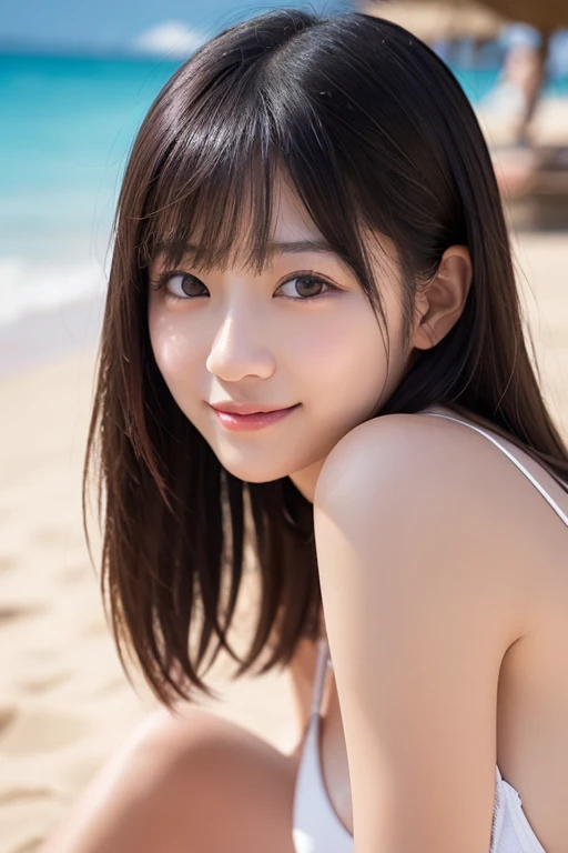 (masterpiece:1.2, highest quality),Shooting with a wide-angle prime lens,Gravure photo,Blur the background,1 high school girl, (E cup breasts), Black Hair,(nude),Bright Eyes,Blushing,smile,Highly detailed face and skin texture, Healthy Skin,(Beach),4K resolution