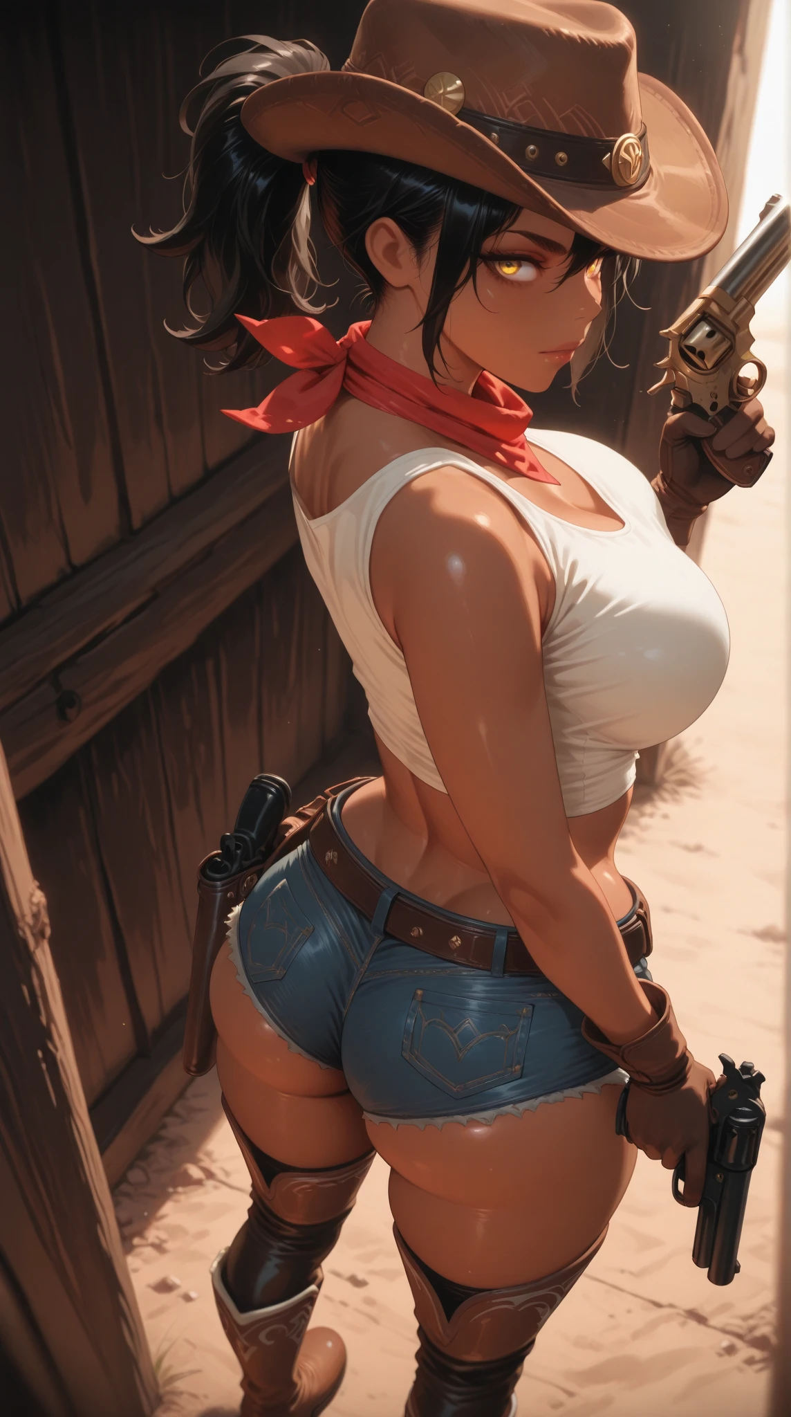 (master piece: 1.1), tan, tanlines,dark-skinned female, dark skin, sun marks, (detailed face), curvy body shape, wide waist, fitting breasts, accentuated booty, pigtails, light smile, baseball cap, summer dress, posing for a picture, small Mountain village in background, photorealistic, Masterpiece, bokeh, summer, High angle shot