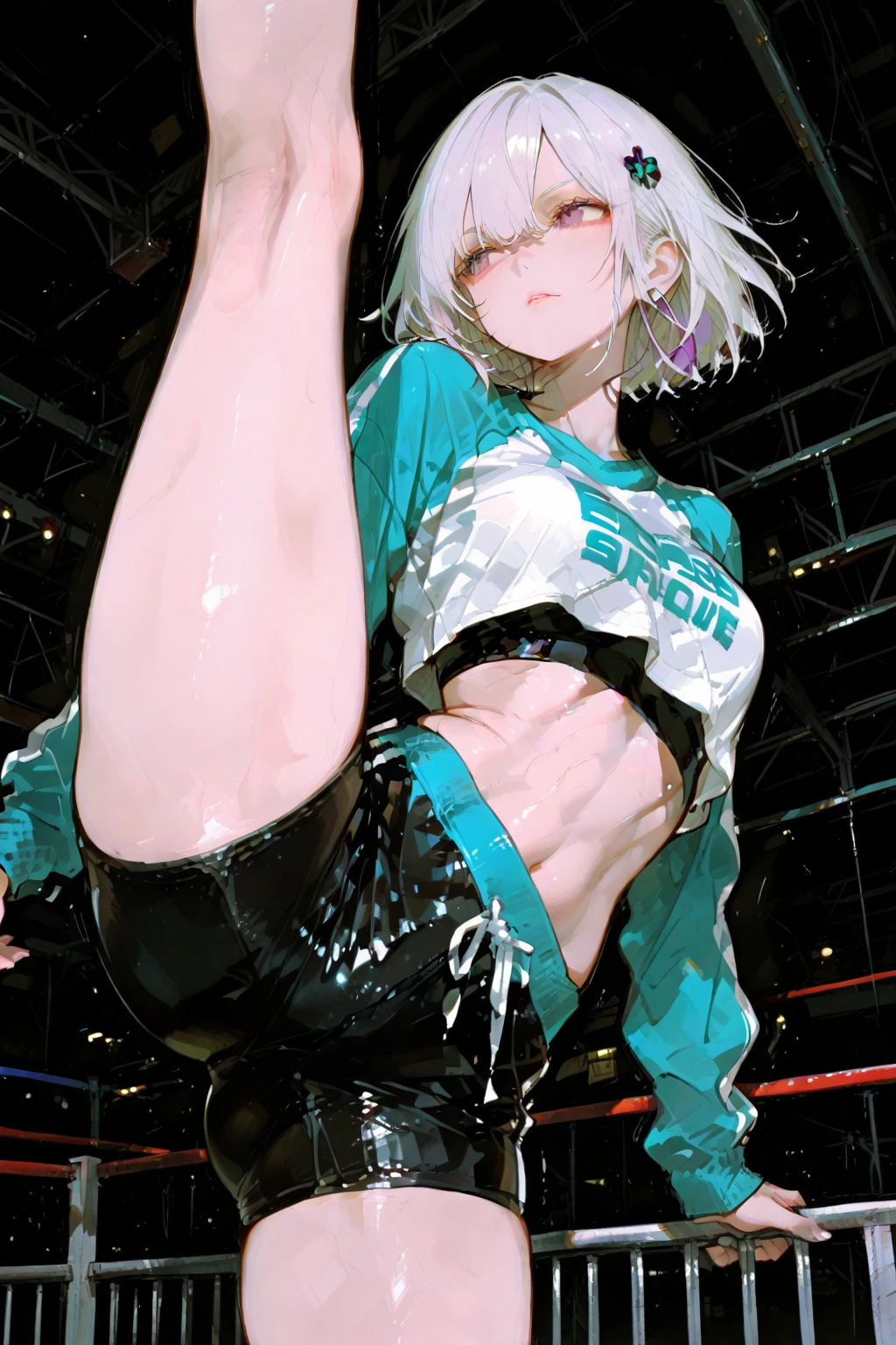 beautiful, masterpiece, Highest quality, anime, One girl, C Cup,Portrait Shot, View your viewers, Covered、Short Hair、nearby、Blue Eyes、art、、White hair,Blue streaked hair、wallpaper、hairpin、Thighs、navel、Floating sci-fi hair accessories、Sci-fi knee-high boots、Cute、Torn sci-fi underskirt、Torn sci-fi combat uniform、Embarrassed