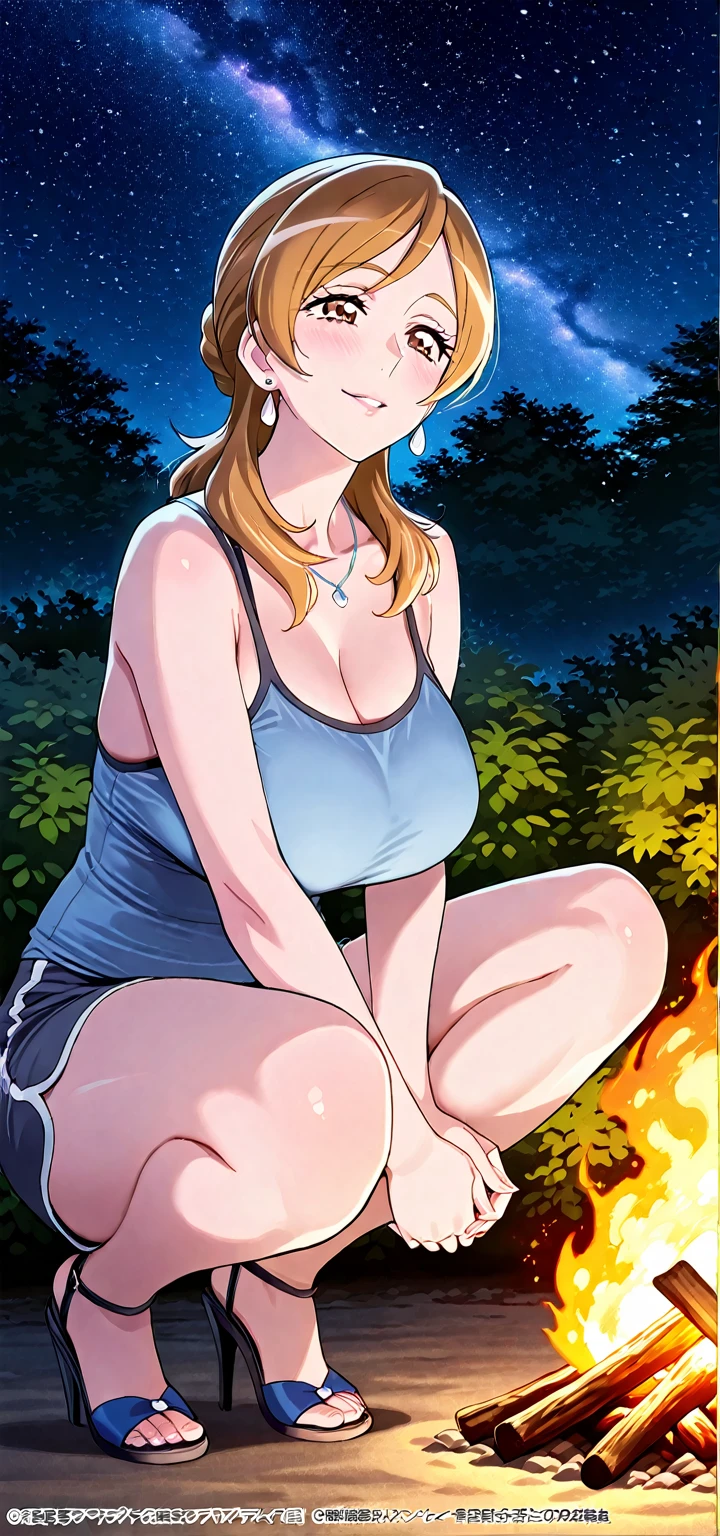 nsfw, masutepiece, Best Quality, High resolution, 1womanl, Red hair, bob cuts, Wavy Hair, Full body, Details Girl, detail hands, Detail fingers, Detail Face, detail legs, forest, Midnight, Darker, skin tanned, sleepy, Closed mouth, (Sweat), ((Clothed)), Loose Red camisole, Denim jeans, Blue hat, Short gloves, (Large breasts), large nipple, Stretching, ((Nipple slip from the camisole)), Steam