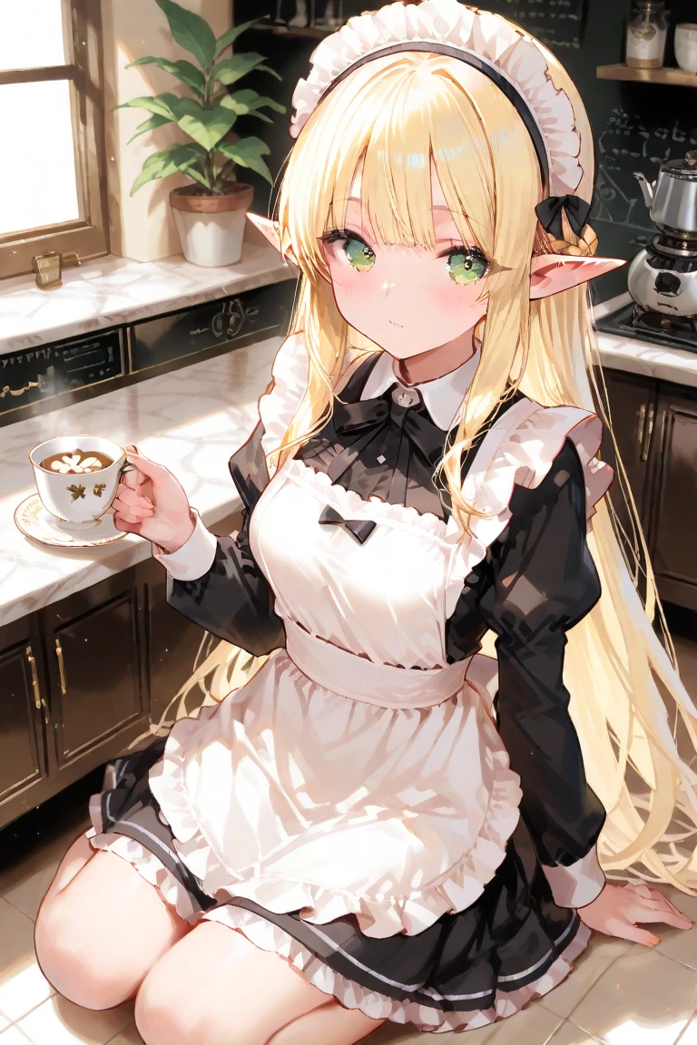 Masterpiece ,best quality , high resolution , (1 girl solo:1.38) , (mavis, long hair, blonde hair, (green eyes:1.5), ahoge, wavy hair) , (cleavage:1.2) , (medium breast:1.28) , (dress, white dress, collar, ribbon, red ribbon, capelet, long sleeves ) , (cleavage:1.15) , (big breast:1.1) , (face view ,  look at view) , (indoor, in kitchen , night , moonlight , windows , candel , coffee on table ) , (standing , thighs ) , (cowboy_shot) , ( smile , open mouth , full face blush , shy )