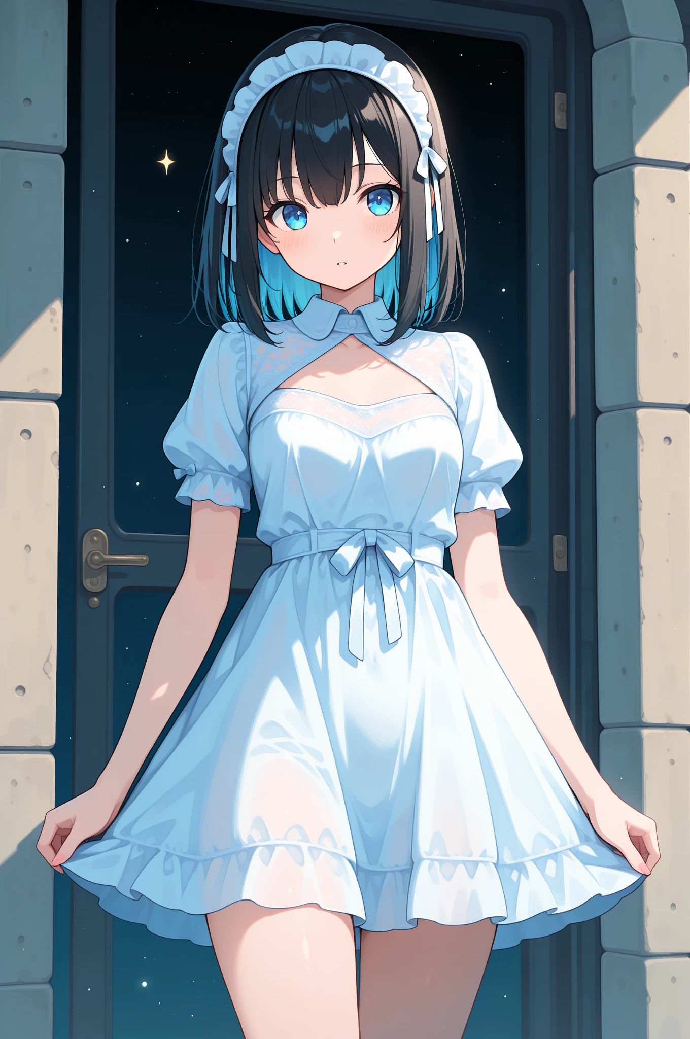 One 14-year-old girl, ((luxury white party dress))、(Inner color hairstyle), Beautiful Hair, Facial Contour, Remember, Party Venue, brilliant lighting、splash, Lens flare,, Natural Color, High resolution, Very delicate, Very detailed, 8k,(There is swelling of the breasts、About B cup)、Shyness,((Sexual))、Full view of the head