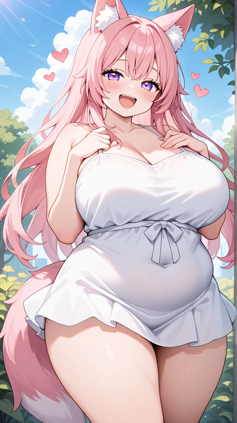 1 girl, alone, Cute girl with pink hair, pink eyes, Wisteria flower background, soft natural light, Cat ears, sleeveless white shirt,Pregnant,huge breasts