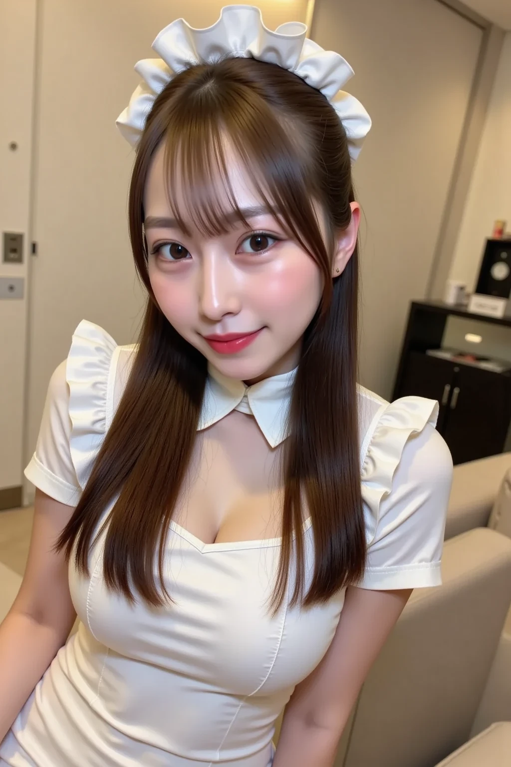 (highest quality、8K、masterpiece、High resolution、genuine、3D),Best Quality、15 years old, ((cleavage)), elementary school face,lolita,mascara, cute smile, loli, loli、bangs