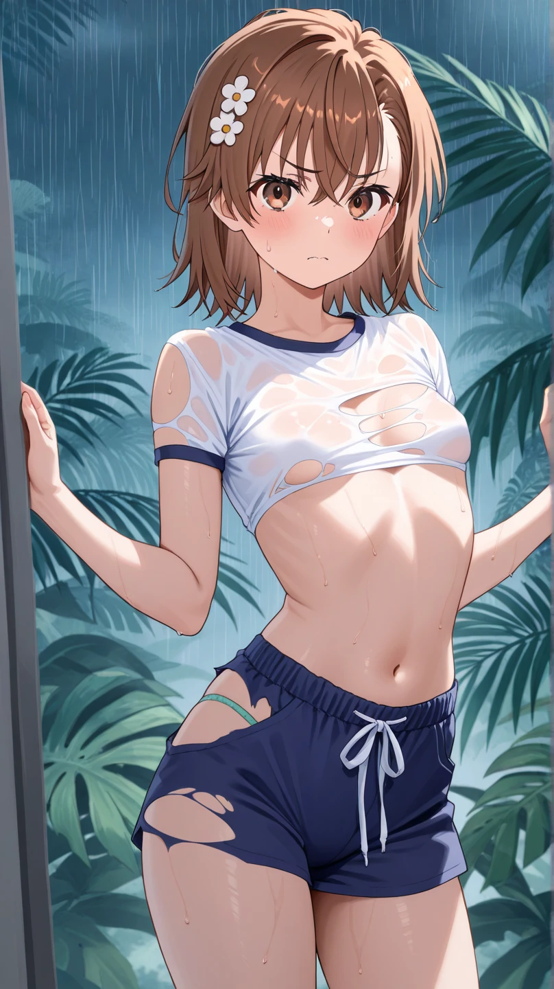 Smooth anime CG art、Focus Only、1 girl、Front view、nude、naked、(((Small breasts)))、(((brown eyes)))、(((sweat)))、Semi-short hair、(((Sweaty)))、Watery eye、blush、(((Embarrassed look)))、((Open your mouth))、(((standing)))、(((simple background)))、spread your legs、(fullbody shot)、(((electricity:1.4)))、(((eyepatch bikini)))、(((white bikini)))、(((arms behind back)))