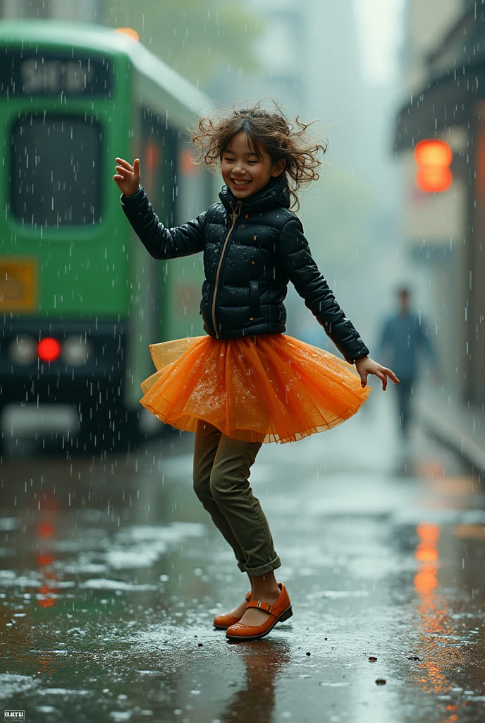 create a fractal masterpiece of a digital art creation of a cute laughing with messy hair, wearing a green and purple layered dress, jumping in a muddy puddle, with rain effects and an umbrella