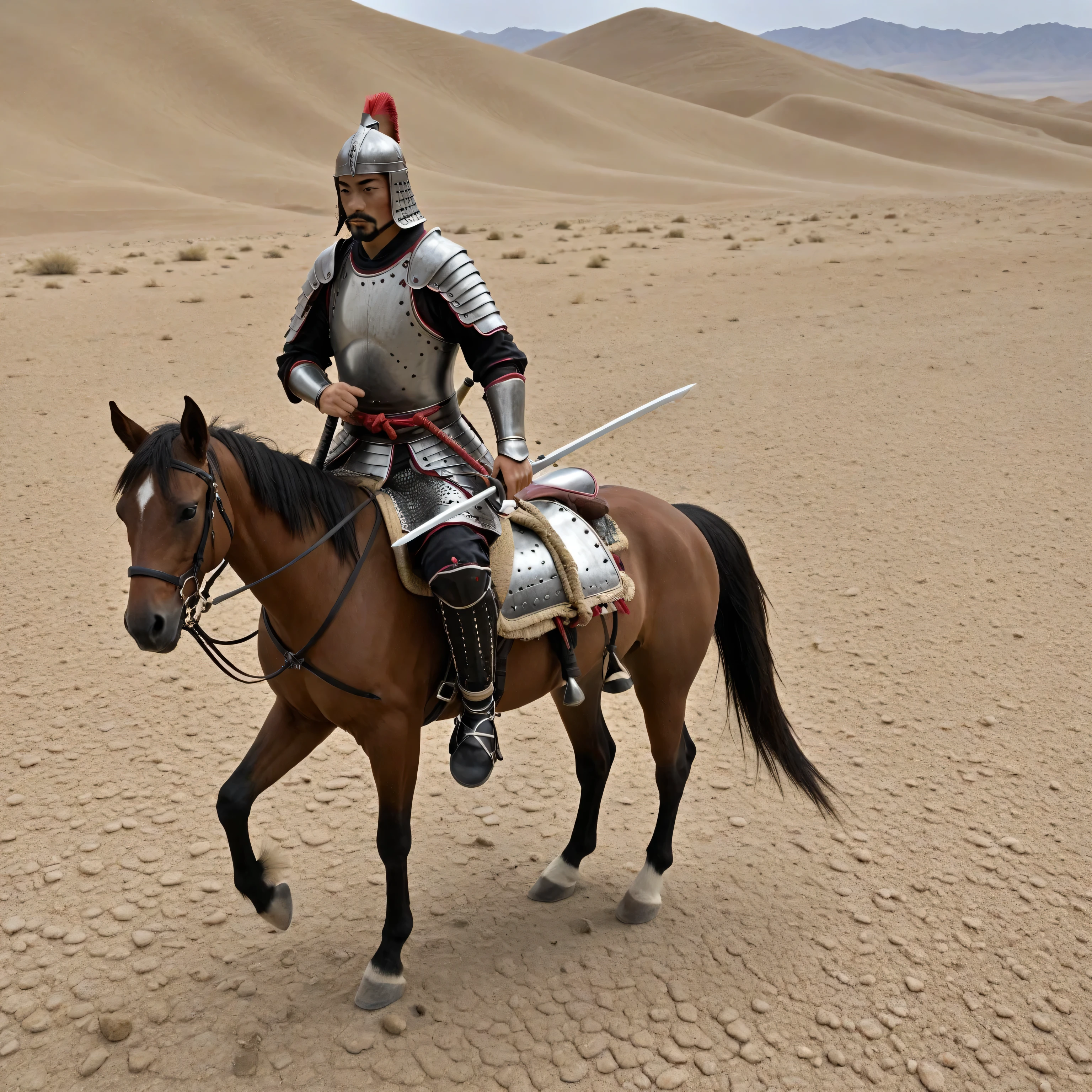 A swordsman riding his horse in a vast desert. he used complete samurai armor to cover his head with the armor.
