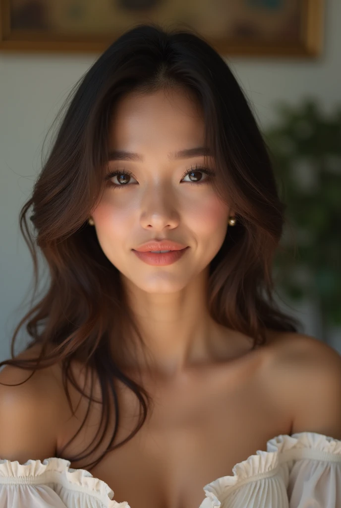 Selfie(best quality)), ((masterpiece)), (detailed),long hair, perfect face,perfect body,perfect eyes, smile,tight shirt indonesia