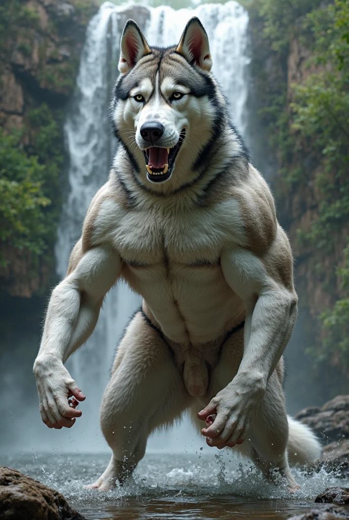 A muscular adult male wolf fursuit, naked and hairy, outdoors with a thick cock in my mouth