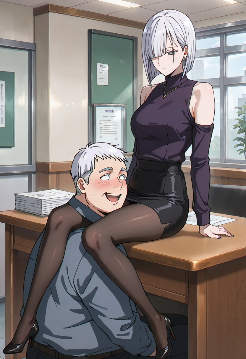 Blowjob、Ultra-detailed illustrations、Ultra-precise expression、masterpiece、Highest quality、ultra High resolution、High resolution、Hiromitsu Takeda Style、Side angle、White background、Simple Background、One girl、Fat man、solo、Mash Kyrielight、light purple hair,short hair,hair over one eyes、Black sleeveless dress, White collar、Red tie、Black Pantyhose、Purple panties、Brown short boots、Purple eyes、Vulgar expression、smile、Open your mouth、blush、Large Breasts、Big Breasts、Choker of Hearts、White Breath、Sweat、Glowing Skin、shiny skin、Pussy juice、