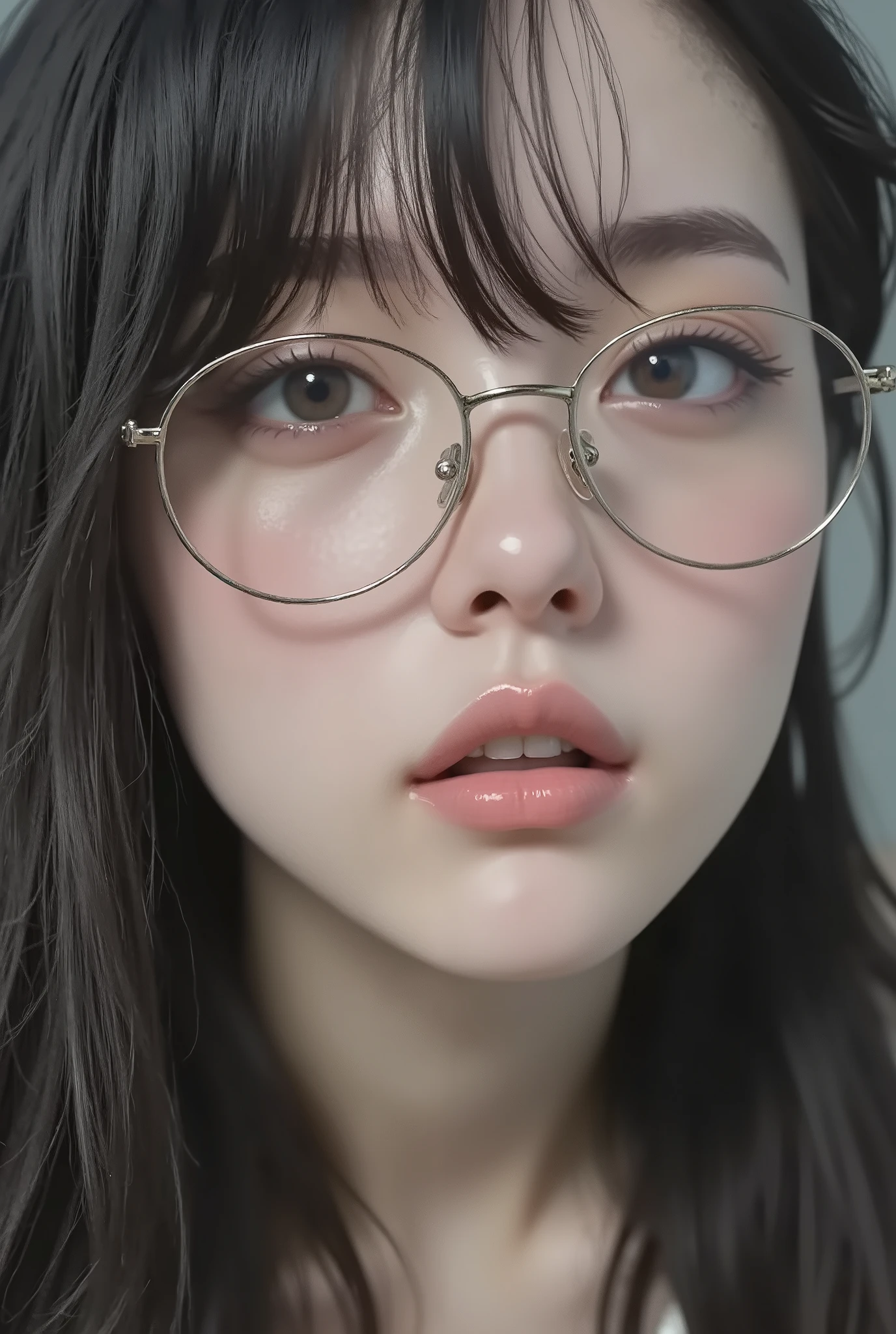 there is a woman with glasses on her head and a blue shirt, blackpink jennie, young adorable korean face, wan adorable korean face, korean face features, close up face, korean symmetrical face, closeup shot of face, jimin\'s plump lips, asian face, young cute wan asian face, heonhwa choe, shin min jeong
