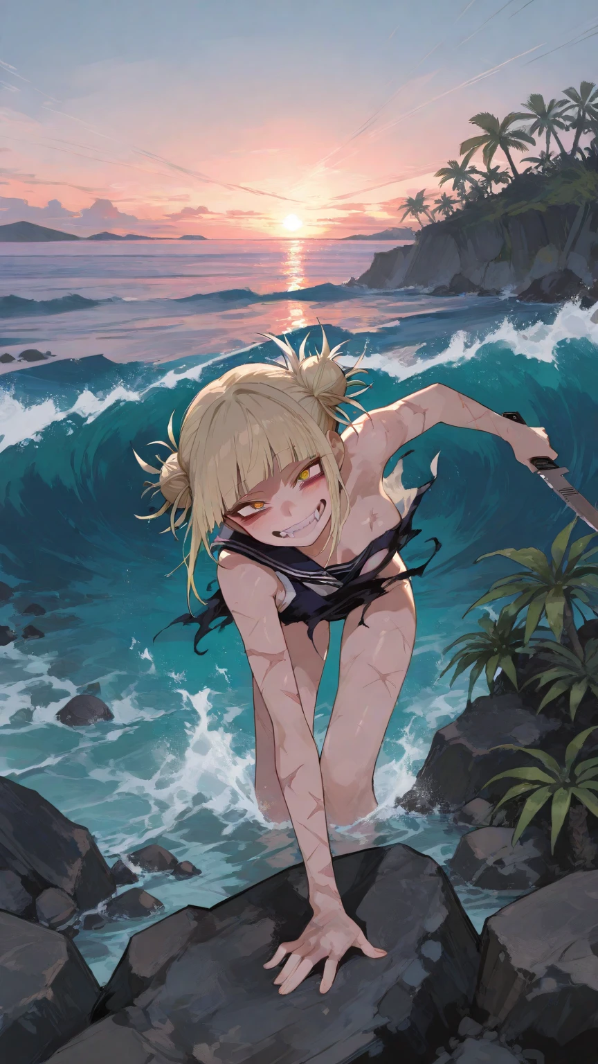 Masterpiece, highest quality, high definition, full body, girl alone, low angle, from directly below, looking up from the feet to the head, blonde hair, bob cut, red eyes, sparkling eyes, ruby eyes, tanned skin, chocolate brown skin, dark skin, underwear, underwear drawn in detail, sexy underwear, risqué underwear, irreverent facial expression, perpetual summer island, under the blue sky