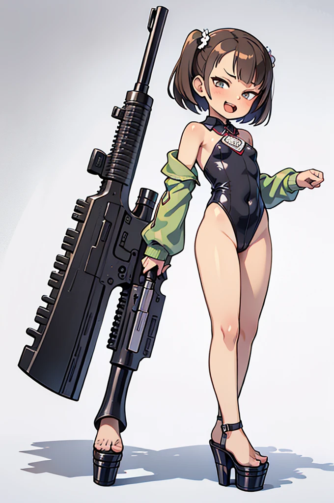 (((pixel-perfect, detail-perfect))), solo, 1girl, hair ornaments, long hair, black hair, blue eyes, medium chest, akebi komichi, Imperial Guard Combat Uniform Swimsuit, o-ring bikini, v gundam, swimsuit, absurdres, highres, solo, cowboy shot, 1girl, neneka nibrou \(cosplay\), wristband, headphone, holster, backpack, holding gun, aiming, perfect hands, wind, medium breast, (((blood on clothes, blood on face))), gore