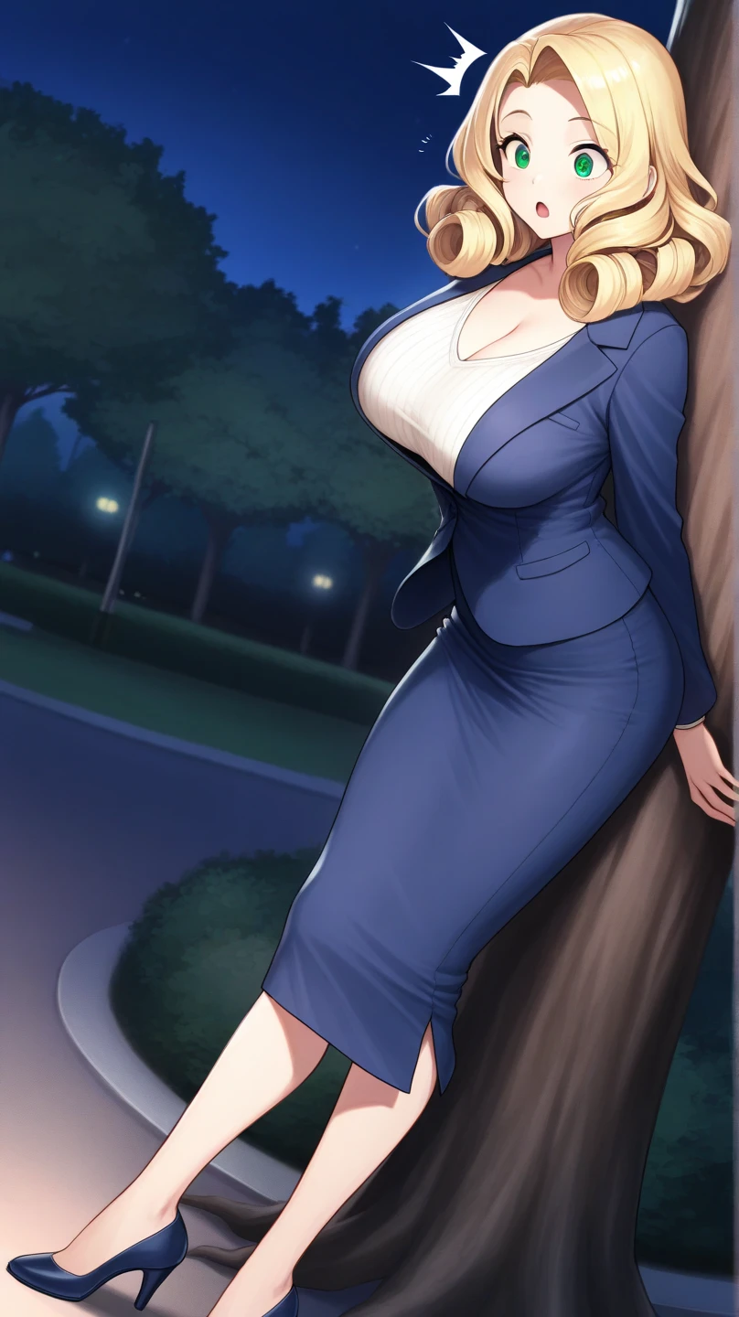 ((high detailed, best quality, 4k, masterpiece, hd:1.3)), BREAK night, window, moonlight, landscape, (in office), indoors, business office, office workers working in the office, many people are busy working, window, desk, chair, computer, ceiling light, Rosalina, BREAK neon blue eyes, seductive, attractive, sexy smile, smiling, smooth anime cg art, 36C breasts, (long fitness legs), vivid colors, detailed digital art, slim body, perfect skin, blonde hair, long hair, BREAK crown, cleavage, 36C cleavage, BREAK looking at viewer, extremely detailed face, navy_blue necktie, blue jacket, black shirt, blue pencil skirt, full body, (blue high heels), earrings, gem, dark black makeup lips, dark gothic eyeshadows, dark eyeshadows, black eyeshadows, black sexy lips, black lips, (dark:1.2), dark lips, very dark lips, (perfect hands, perfect anatomy), black makeup, detailed fingers, five fingers per hand, 5 fingers, (1 girl), detailed lips, detailed black lips, black painted lips, gothic painted lips, (with your back turned:1.5, looking back pose), (looking back), (from below:1.25), (crossed arms:1.3),
