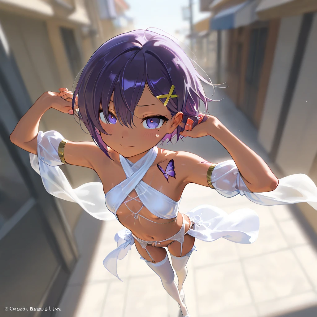 (((scrawny))),(Wheat skin),(Dark Skin),((high school student)),((tanlines)),(side ponytail,ahoge,One eye is covered by hair),((Purple Hair)),(fluorescent pink streaked hair),(Green Eyes),Slanted Eyes,Scrunchie,BREAK,(Micro Bikini),((Jumping))