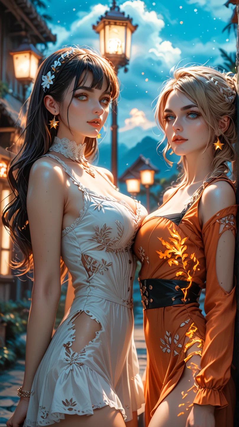 2females，36 years old，Bigchest，Raised sexy，Pornographic exposure， 独奏，（Background with：Surrounded by a sea of flowers，ln the forest，lotuses，Ground area water） She has very short blonde hair，2 Standing woman，Sweat profusely，drenched all over the body，seen from the front， hair straight， mostly cloudy sky，（（（tmasterpiece），（Very detailed CG unity 8K wallpaper），best qualtiy，cinmatic lighting，detailed back ground，beatiful detailed eyes，Bright pupils，（Very fine and beautiful），（Beautiful and detailed eye description），Black eyes，Redlip，ultra - detailed，tmasterpiece，）），facing at camera，（The upper part of the body），A high resolution，ultra - detailed），revealing breasts，Bare genitalia，  Bulge，legs are open，sexyposture，Camel toes，Flushed complexion，Open-mouthed，frontage，，Gold Saint Seiya，Lotus hair ornaments，Cleopatra（Wearing：White transparent sex robe，）Ancient Egyptian style
