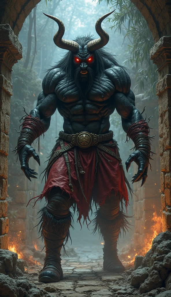 A man is surrounded by a pulsating, turbulent black aura. The aura has an ethereal appearance and wavers around the character as if made of liquid shadows.. The warrior's body is visibly strengthened and enlarged, with prominent muscles and skin that seems to emit a dark glow. Your eyes shine with an intense color, like red or purple, highlighting his ability to see in the dark. The surrounding environment seems distorted by dark energy, giving a sense of uncontrollable power and imminent threat.