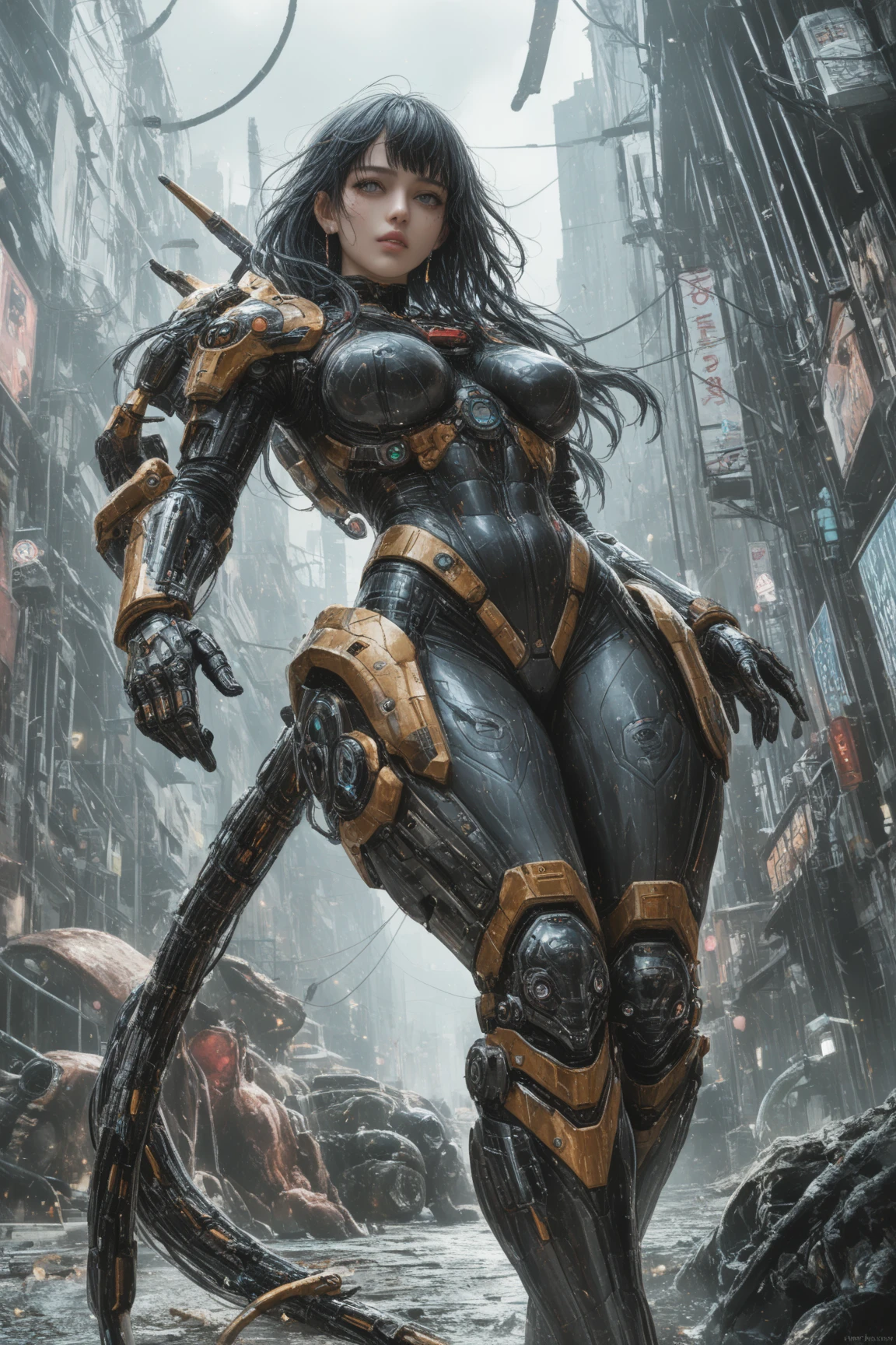 Space Marine, Harhammer 40,000, World at War, Beautiful Cyberpunk Woman with Very Detailed Mecha Treatment, Vibrant Colors, Metallic Red, Bloodstained, With Sky With Clouds And Full Moon, Full Body With Detailed Armor,