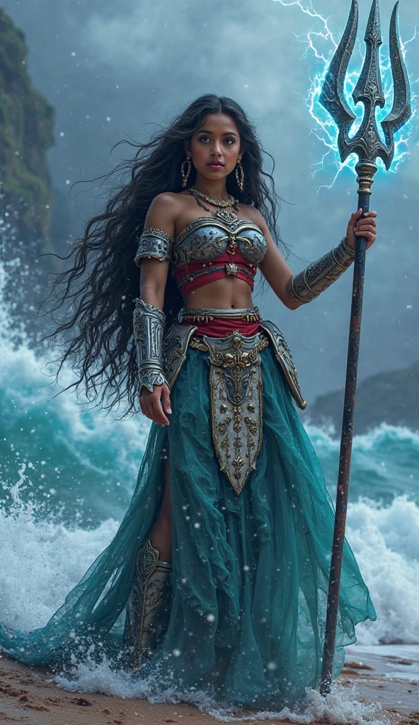 "Create an image of an Indian superhero man
with the power of water. The superhero should be dressed in a traditional yet modernized Indian attire, with elements like flowing water integrated into the design, such as water swirling around their arms or forming a protective shield. Their outfit should have shades of blue and silver, symbolizing water and its fluidity. The character should have a strong, determined expression, with water-based weapons like a trident or a staff that can summon waves. The background could depict a dynamic water landscape, such as an ocean, river, or a waterfall, emphasizing the superhero's connection to water."