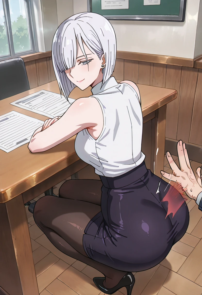 (nsfw:1.2),((One girl, 1 Elderly)), (Skirt flip:1.4), ((Old man grabs woman&#39;s waist)), The old man laughs evilly, Huge breasts:1.7, Anime cel painting style, Highest quality, High resolution, Huge breasts:1.8, good, High leg panties,blue eyes, Purple Hair, bangs, Side Ponytail, hair ornaments, Embarrassing, fear, blush, View Viewer, whole body、(((Completely naked:1.8)))、He is moving his hands violently to his crotch