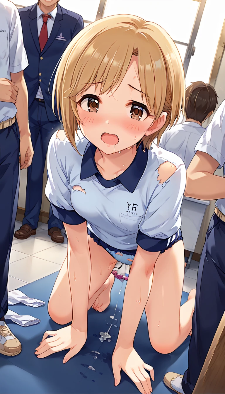 nsfw, (vaginal sex, one mature female, closed eyes, teary-eyes, slim body, lying her back on ground, teacher, small-medium breast, lifted up black bra, brown hair, straight bob hair, bang, multiple males, gangbang, rape her, vaginal insertion, view from top, full body shot, torn cloth, ripping her cloth, black tennis uniform, black pleated mini skirt, black tops), (white sports shoes, cum on legs, grab her legs, cum on face:1.2), cum on body, cum injection from penis, fellatio, wooden ground)