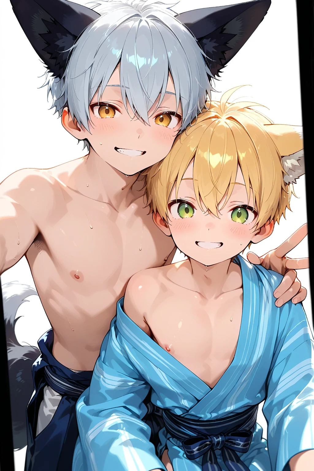 masterpiece, best quality, high quality,  2boys,10yo, , duo, male focus, full body, looking at viewer, yellow hair,spiky hair, no shirt, wearing yukata,  steam smork, japan style,  anime coloring, shy, home muji style, detailed face, Japan style, friend is so shy, friend white hair, friend spiky hair, topless