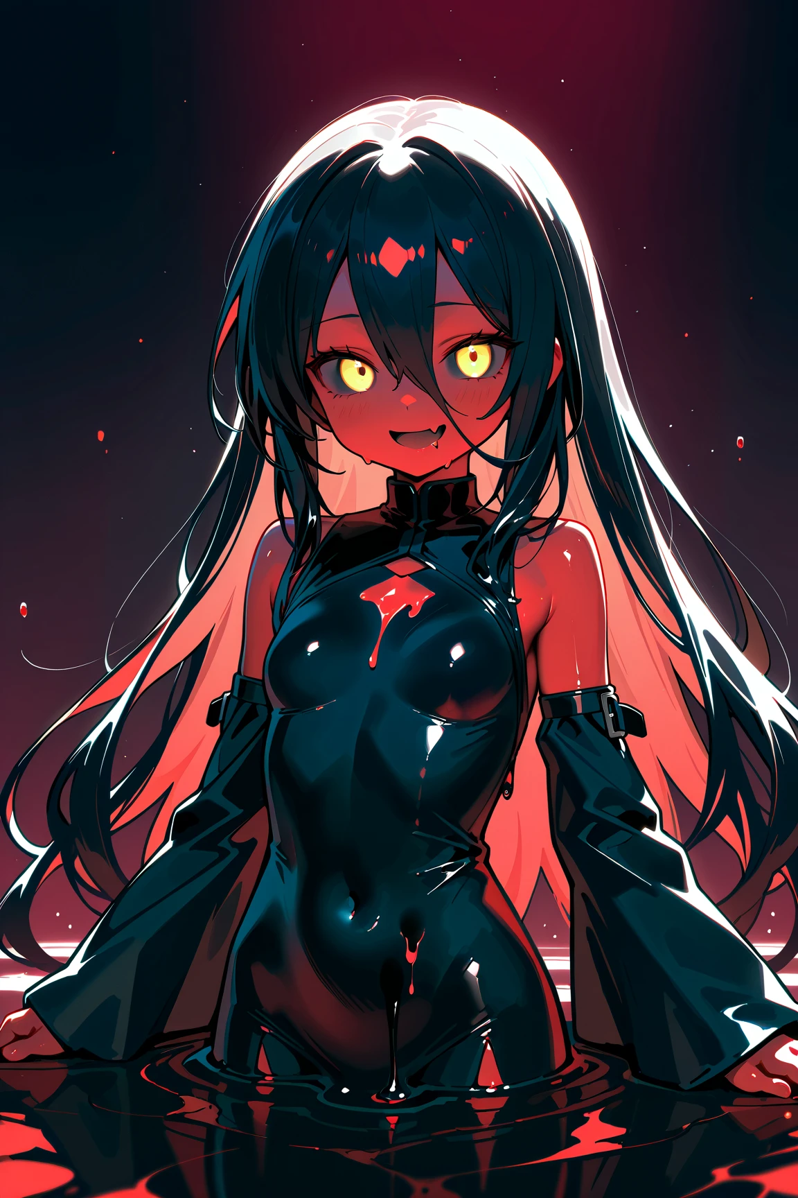 Realistic、1girl、black hair、(twintails),red eyes、(glowing eyes:1.3)、leaning forward、open stance,(breast hold)、(middle hair),(breast focus:1.3,upper body),(gradient hair:1.3),(enamel body suit:1.3
)、(clear face:1.3),cute face、,(tareme:1.3),(huge breasts),(dark color background:1.5)