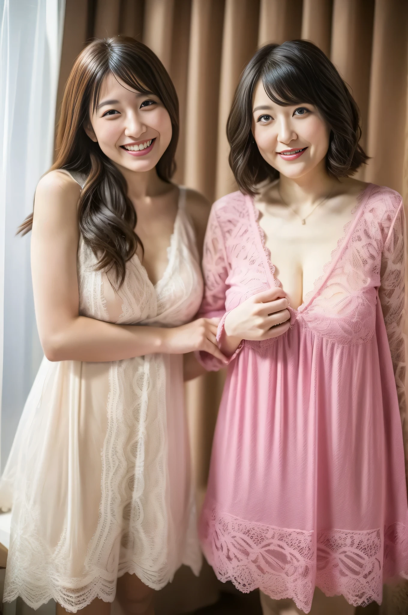 Two Japanese Girls、Hair tied up、(double eyelid)、Looking at the audience、At work、(smile)、Highest Resolution、masterpiece、(All of them are wearing white, long-sleeved, sheer lace negligees.)、((Lift up the entire nightgown、Showing panties))、((Everyone is wearing earrings))、Everybody is shy and embarrassed、Highest quality、high resolution、21 year old girl、Beautiful feet、Detailed face and eyes