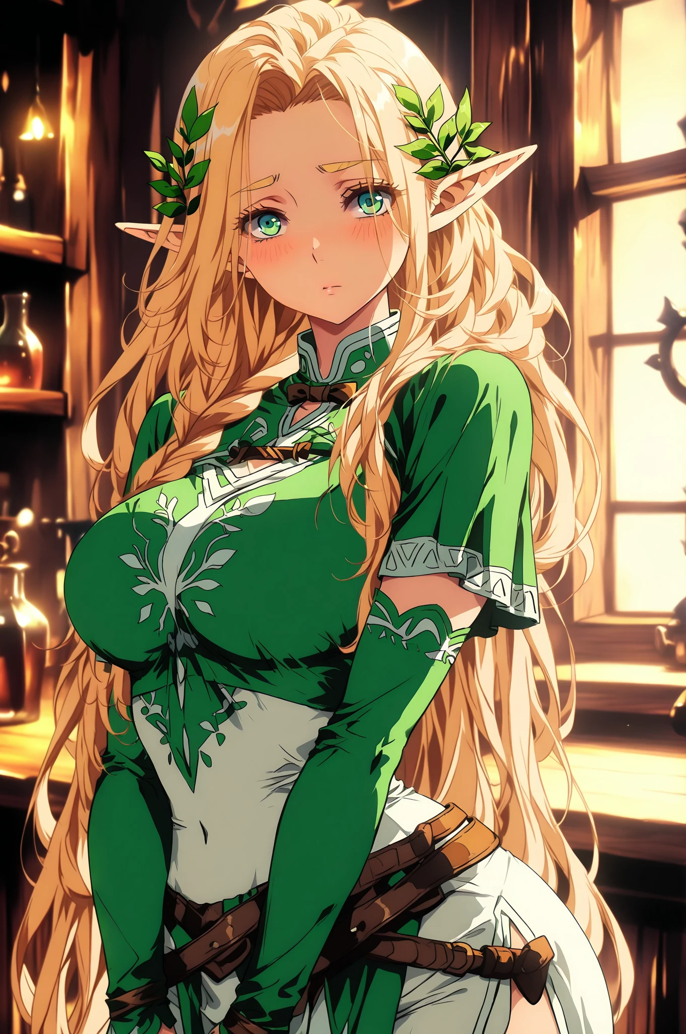 work of art, epic details, ultra detaild, best resolution, blonder woman, BEAUTIFUL ELF, rosto angelical, sculptural body, wearing green colored kigurumi pajamas, perfect hands, expression of happiness, Grinning, big simple smile, Scenario: a coffee shop, supper: having fun, no mistakes, epic details na face, ultra perfect eyes