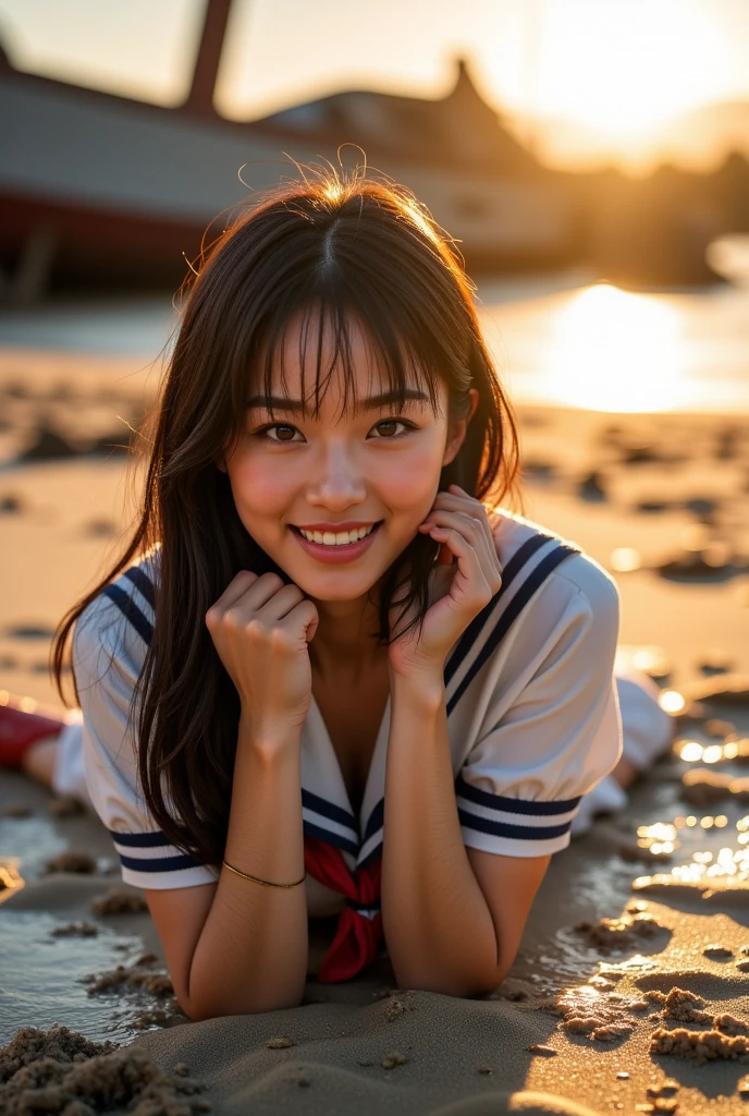 highest quality, figure, Ultra-detailed, finely, High resolution, 8K Wallpaper, 完璧なダイナミックな構figure, (( pose)), Beautiful Skin, (Big Eyes), 20 year old beautiful girl, Natural color lip, Mid , smile, Highly detailed face and skin texture, Detailed eyes, Double eyelid,leaking teeth and laughing, close-up, , Brown hair ponytail, (Striped jacket), (shirt:1.2), Sunset