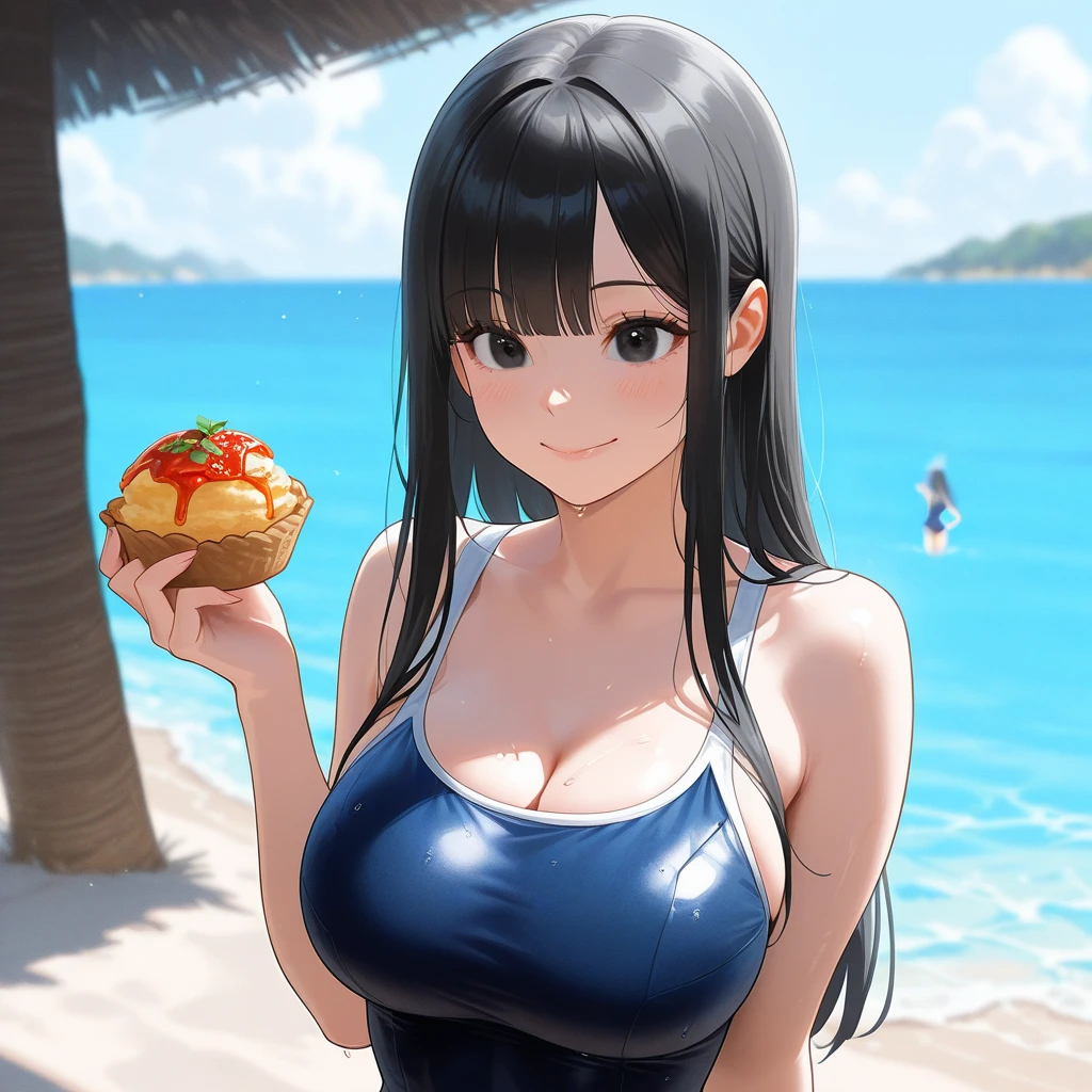 A black haired woman with orange eyes is eating a burger at the beach