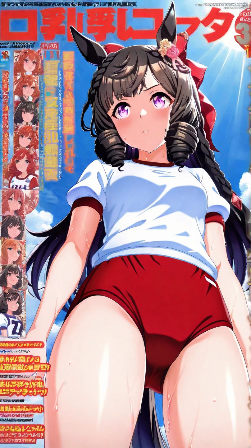 android, beautiful robot makes hard masturbation, she gets orgasms. Her short pigtails, brown hair, Hair tie with two big red clothespins, big smile, brown hair, middle age, joint seam, blue eyes, full body figure, Height: 160cm, She wears only Light beige micro mini pantie, fluttering skirt, skirt folds, white retro swimwear, Uplifting, 2020s anime style, 21thcentury japan animation, show White pantie, strong wind is blowing.