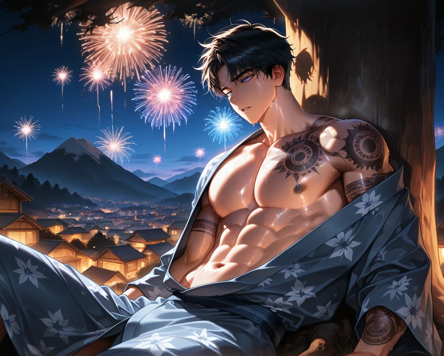 kougami taiga\(king of prism\), solo, looking at viewer, 1boy, black hair, green eyes, male focus, crossed arms, cape, (black tank top:1.2), necklace, headband, hachimaki, loincloth, thigh strap, tabi, geta, firework, tengu-geta, fundoshi