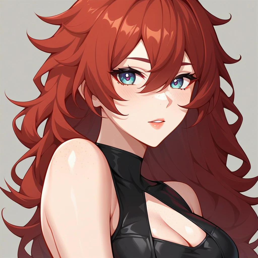 woman, redhead, bright violet eyes, with hair in a ponytail hairstyle, hair tips curling inward, Jair divided in half, light tan skin, medium-sized breasts, defined muscles, dressed in a black shirt,