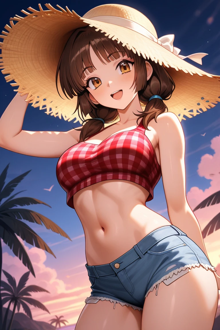 best quality, masterpice, anime character, one piece, lora, yamato, woman, adult, yamatowanpi, big breast, abs, muscular, muscles, horns, une fille,Dress on the shoulder,Cheveux blancs,golden eyes,sourire,clivage,Clivage en gros plan,cornes rouges,courbe du corps,Beachside,rayons de soleil,plage de sable,La mer,Verdure