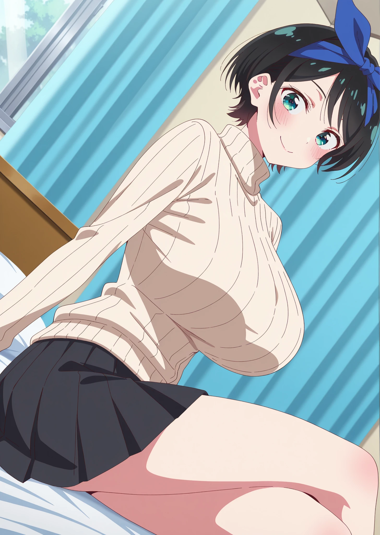 best quality, clear face, anime screencap, 1girl, short hair, big breast, tank top, short pants, indoor, blush, clothes lift, lift self, flashing breast, nipples, looking at viewer, 
