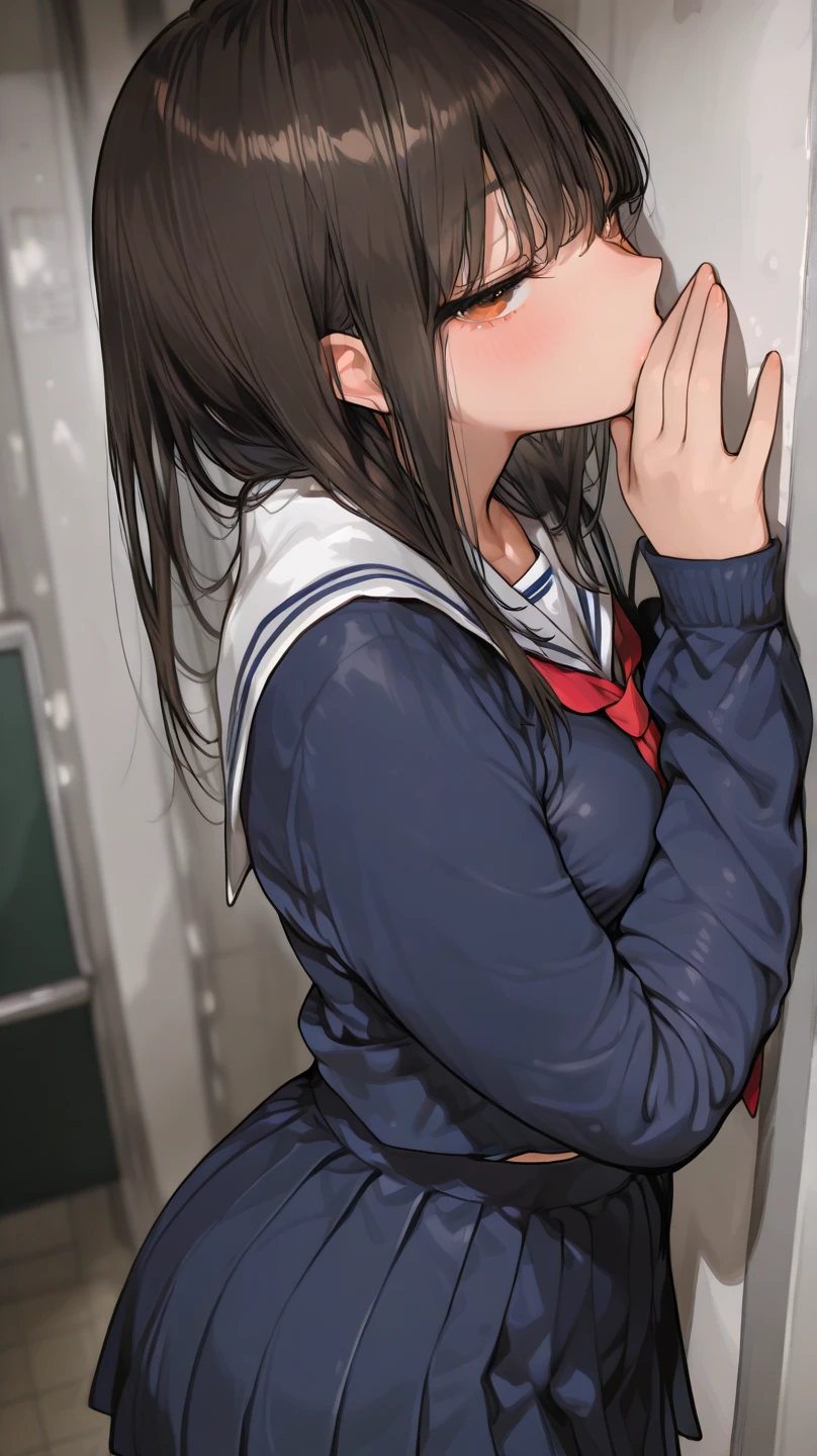 small petite, petite body, hair untied, hair down, small head, flat chested,Dark Hair, short, sailor outfit, on all fours doggy position,man standing infront pants down, pull your pants down, girl mouth open, sucking, sucking hard, licking, mouth open, in mouth, , side view