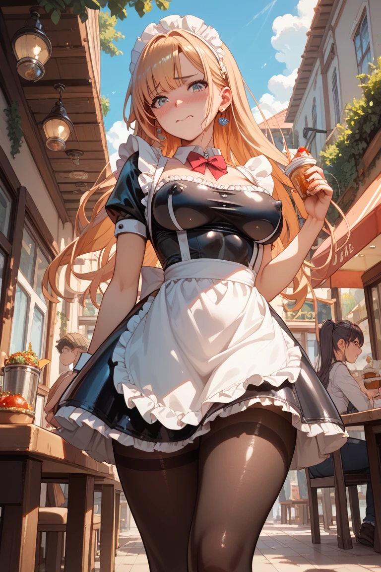 1 woman, solo, tall woman, long orange hair, straight hair ,orange eyes, (Full Breasts), High Height,masterpiece, high resolution, shiny, full body, beautiful,A cute smile that makes the viewer happy, highly detailed beautiful face and eyes,looking at viewer, maid dress, in the cafe, ((sexy)),