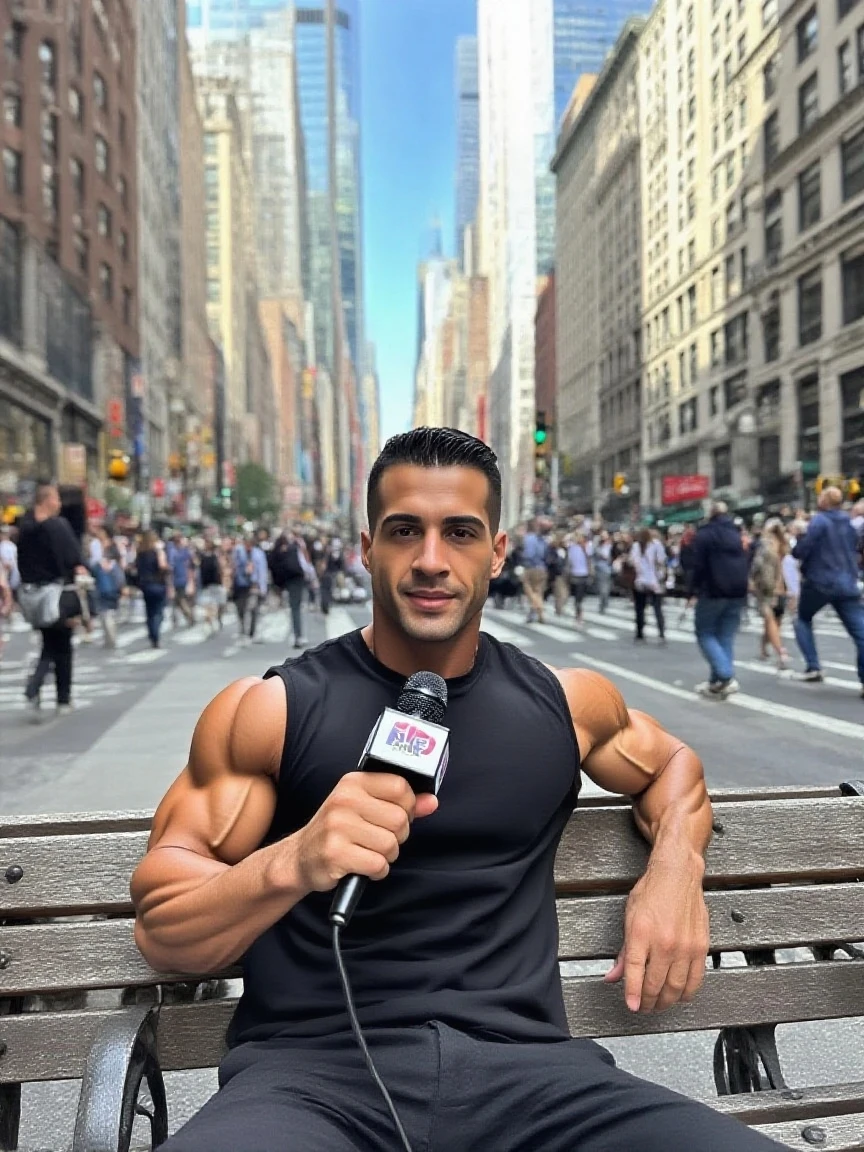RAW photo, (close up photo:1.2) of gigachad, wearing shorts, posing for the camera,in times square, (solo:1.1), 8k uhd, dslr, high quality, film grain, Fujifilm XT3