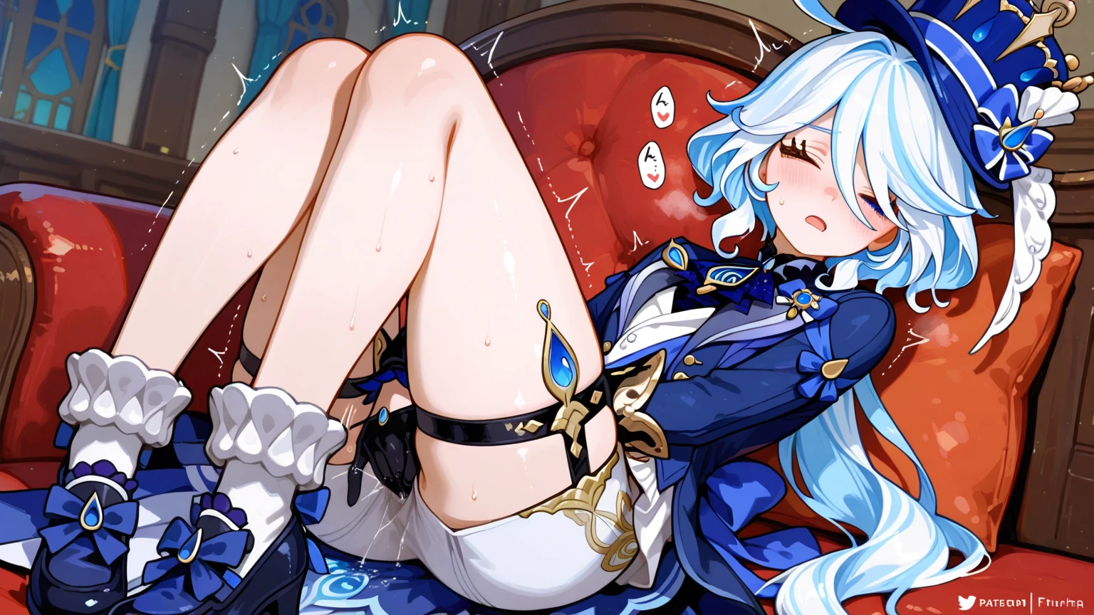 - Extend the leg up and open the pelvis, Thick hips, tearing, making an effort, ropes binding her, submissive pervert, genshin effect, movie cover, high quality, furina archon