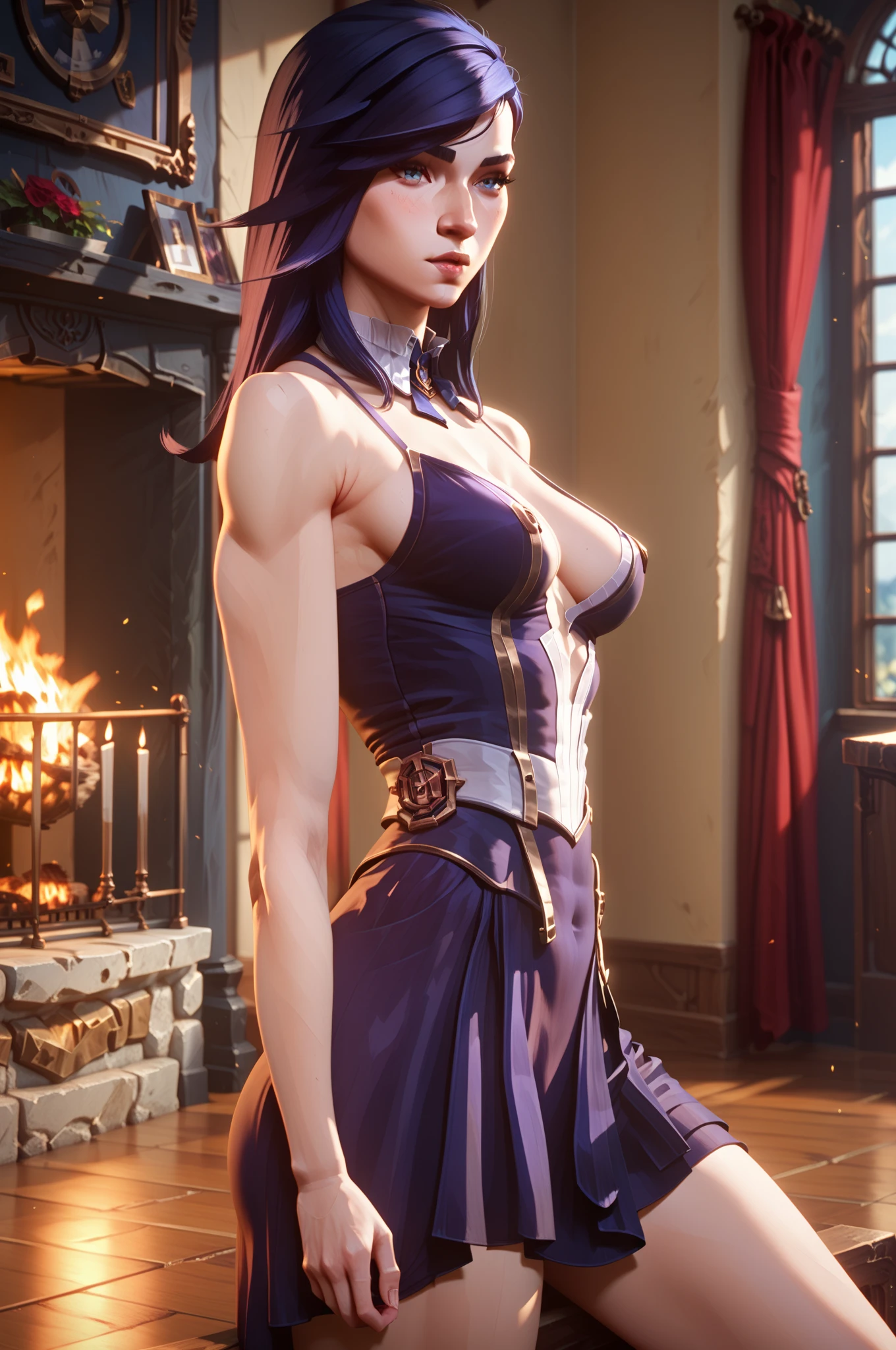 A adult girl in realistic portrait of high quality and detail, Clorinde (Genshin Impact), 2000's movie style, french girl, full-length, dark and mysterious atmosphere, pale skin, glow, eye shadow, 1girl, thriller fantasy, Depth & Perspective, sadness on her face, ponytail purple hair, purple eyes, Mystical powers, fine face, She's standing in the courtroom, indoors, Her white shirt hugs her ample breasts, blue sky, white cloud, looking at viewer, (ultra-high detail:1.2), Masterpiece, Best Quality, Ultra-detailed, Cinematic lighting, 8K, delicate features, cinematic, 35 mm lens, f/1.9, highlight lighting, global lighting –uplight –v 4, cinematic, intense gaze, Cinematic lighting, 8K, high quality, Highest Quality, (Solo Focus), (extremly intricate:1.3), (Realistic), dramatic, masterful, Analog style, (Film grain:1.5), (warm hue, cold tone), behind back