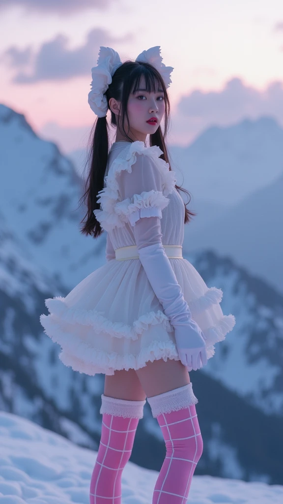 (full body:1.5)， (Polished pointed toe stockings heels:1.2), (Dance on top of snowy mountains:1.2),(In pink|amarelo|blue colors|green color|red colour|white colors|black in color|purpleish color|greys|Beige|Flesh color 1.4)，(Accurate and perfect face:1.2)，Dressed in Star stripe  dress women's clothing,A shallow laugh,,hyper HD, Ray traching, reflective light，structurally correct, Award-Awarded, high detal, lightand shade contrast, Face lighting，cinmatic lighting, tmasterpiece, super detailing, high high quality, high detal, best qualityer, 16k，