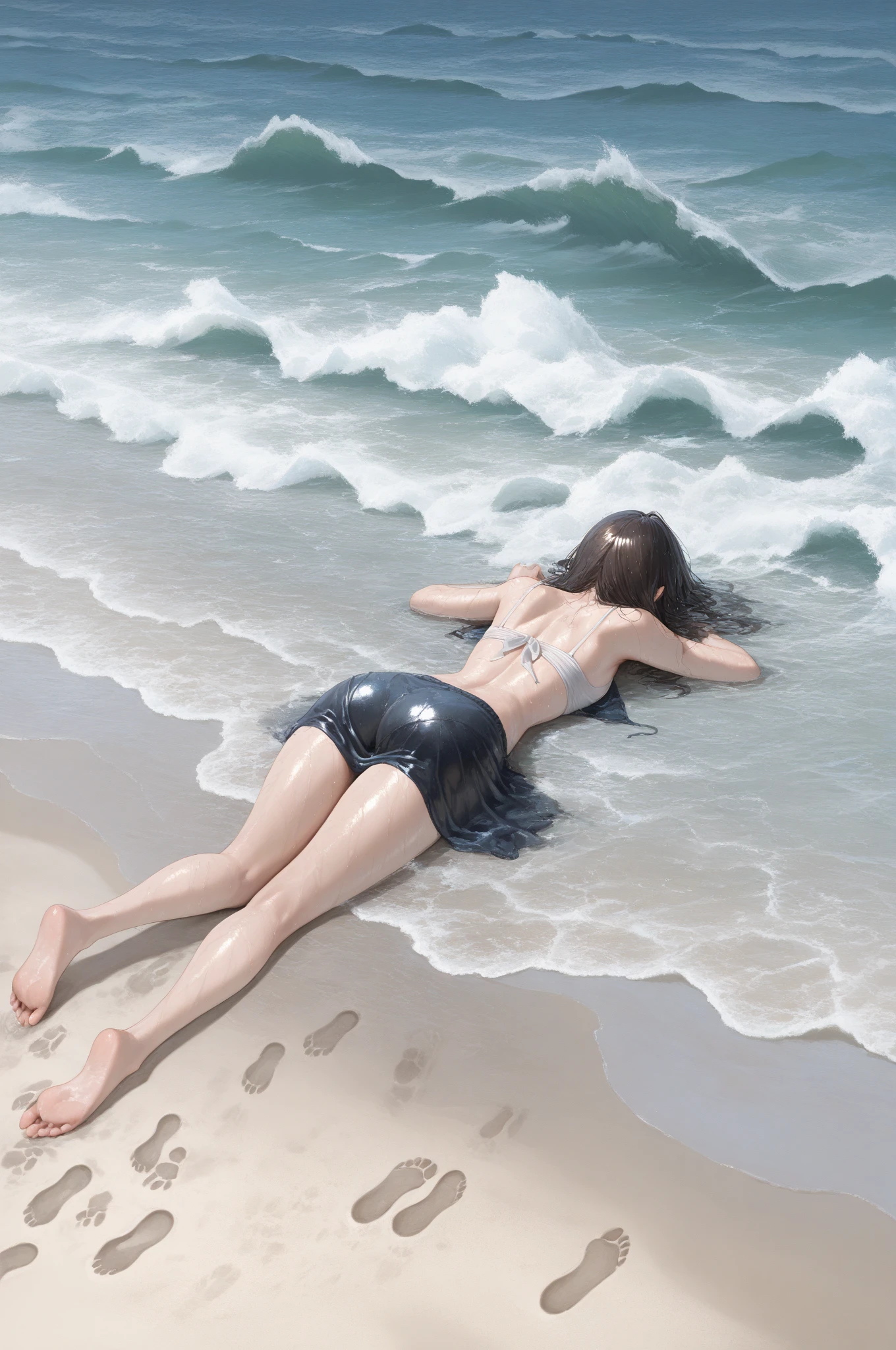 A handsome 20 years old man, muscular and slim, model , washed ashore unconcious, found lying down on the seashore unconcious, eyes are closed,red lips, suffering in pain, with bruises and wounds, sexy and toned body, wet ripped shirt, exposed perfect shaped penis, full body, naked lower body, no underwear, wearing white ripped and torn shirt, he is unconcious and lies down in pain, helpless, full body view
