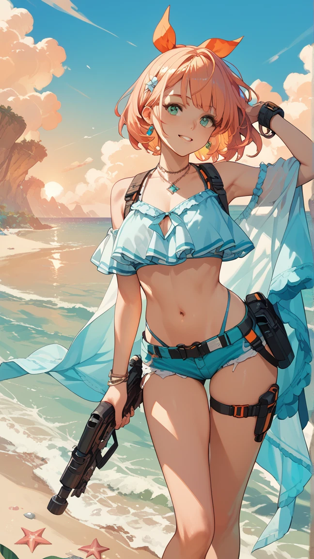 An arafe woman wearing a bikini top and super miniskirt and holding a sword, nami one piece, beautiful portrait of nami, Nami of one piece,Nami in super miniskirt, Detailed Digital Anime Art, Cute exirobat showing white pants, Very detailed ArtGerm haha, deviantart artstation cgscosiety, realistic bikini, Swimsuit, fanart best artstation, ArtGerm. high detailing