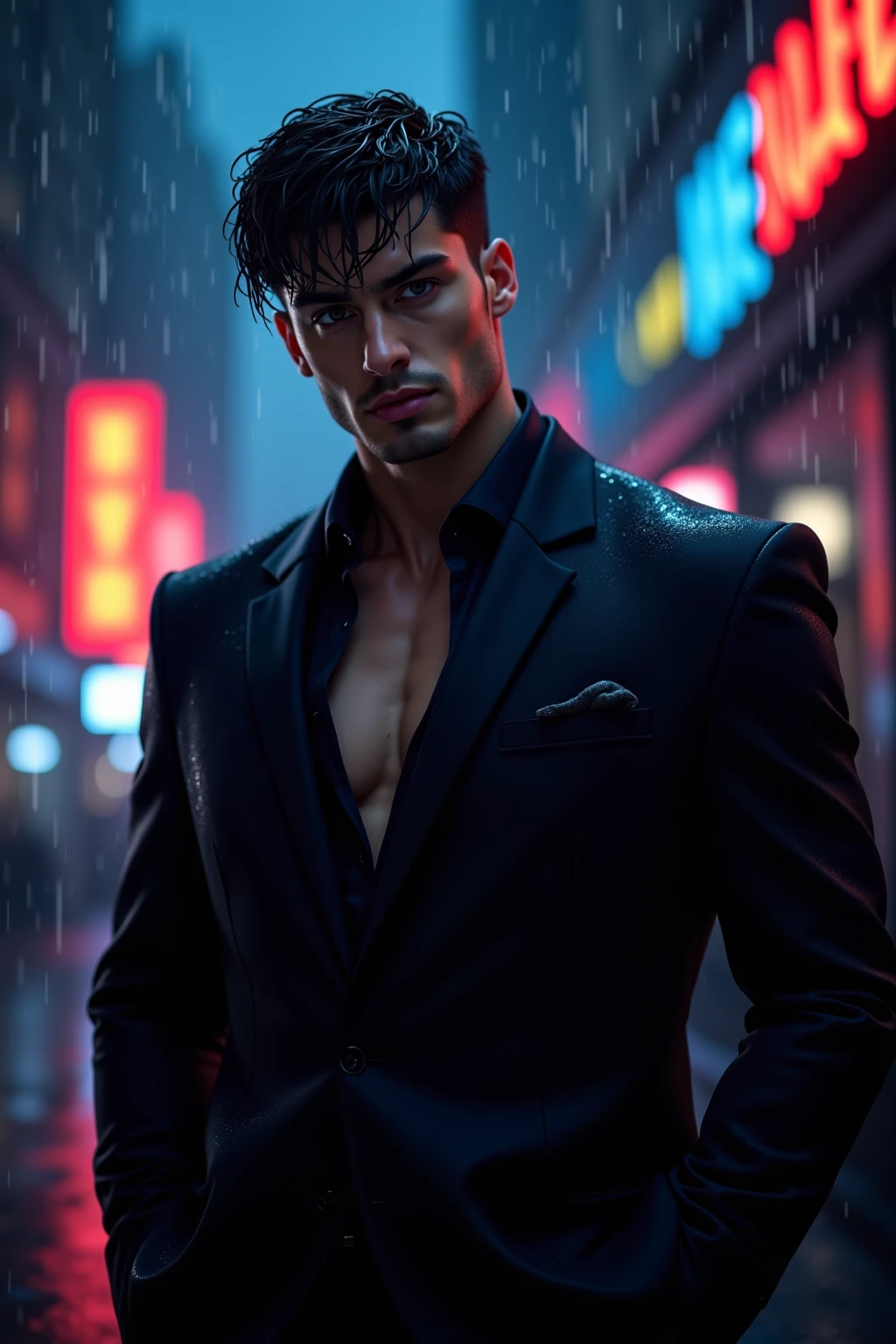 ((masterpiece)),((best quality)),((ultra high detailed)),((realistic,)), a tall handsome muscular young man, cyberpunk, solo, extremely detailed face and body, (shiny smooth skin), hot glow in his skin, perfect facial features, beautiful eyes, short hairstyle, sexy gaze, sexy expression, looking at the viewer romantically, open shirt, beautiful, gorgeous, wet, Futurist era city, architectural streets, futuristic train lines, buildings, night, European city, rainy, neon lights, sexy posture,